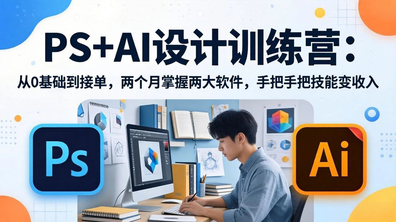 【精】PS+AI设计训练营：从0基础到接单，两个月掌握两大软件，手把手把技能变收入